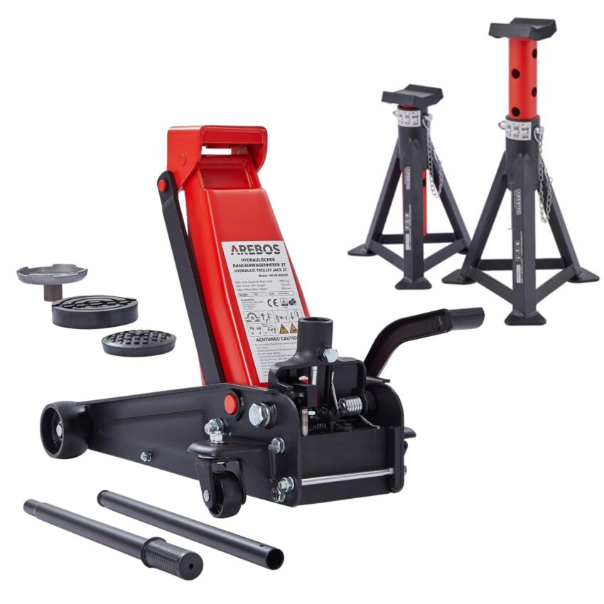 Manoeuvring jack 3T with foot pedal + 2 pcs. Support trestles 3T