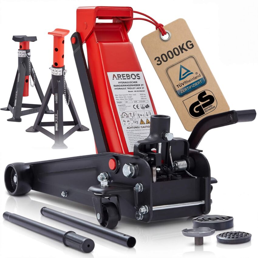 Manoeuvring jack 3T with foot pedal + 2 pcs. Support trestles 3T